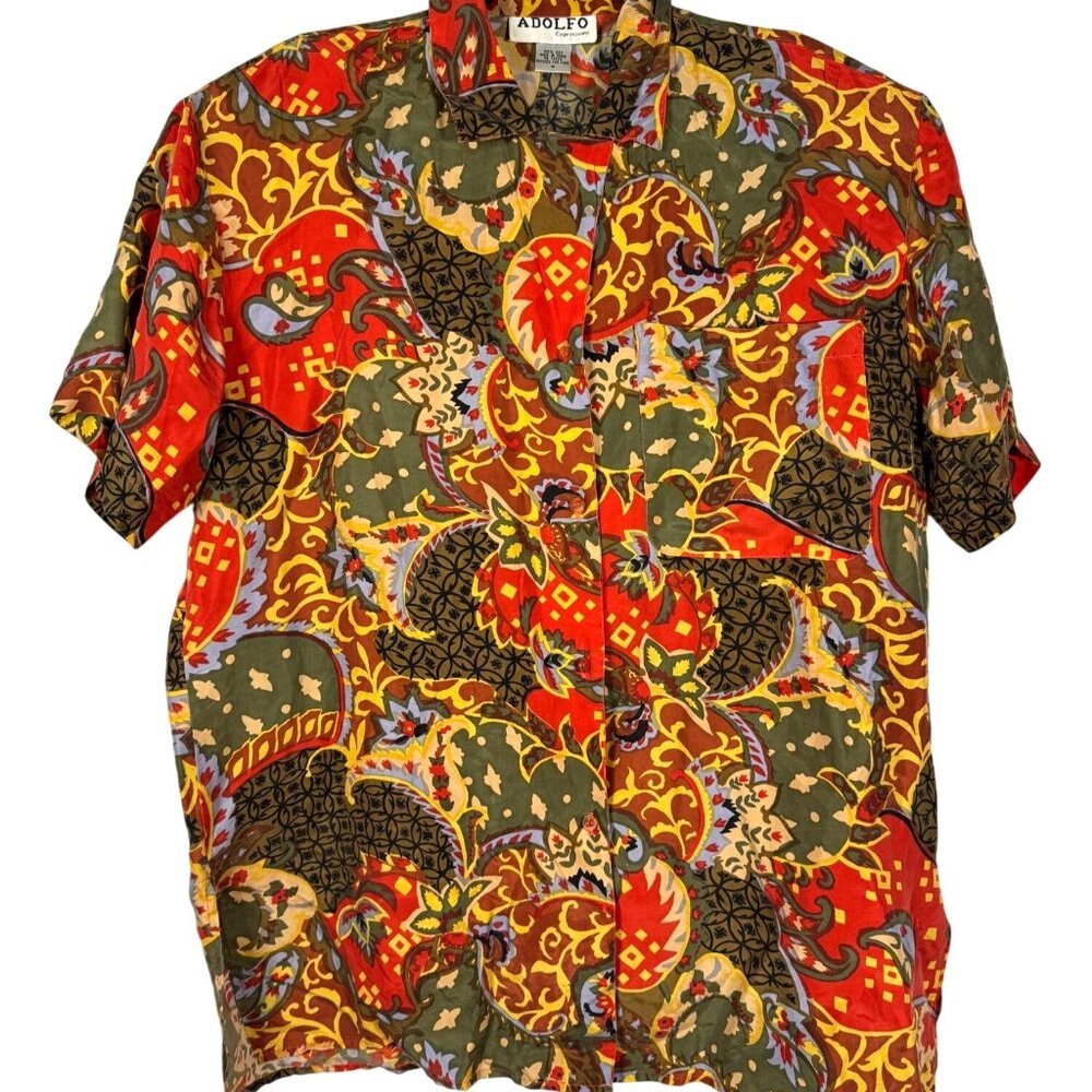 Vintage Adolfo Expressions Paisley Short Sleeve Silk Shirt Multi Sz Medium Boho